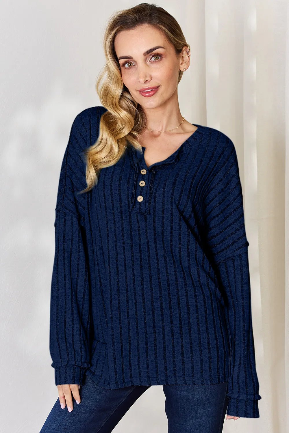 Basic Bae Full Size Ribbed Half Button Long Sleeve T-Shirt - Desert Sunday