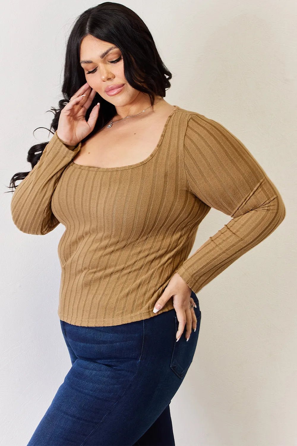 Basic Bae Full Size Ribbed Long Sleeve T-Shirt - Desert Sunday