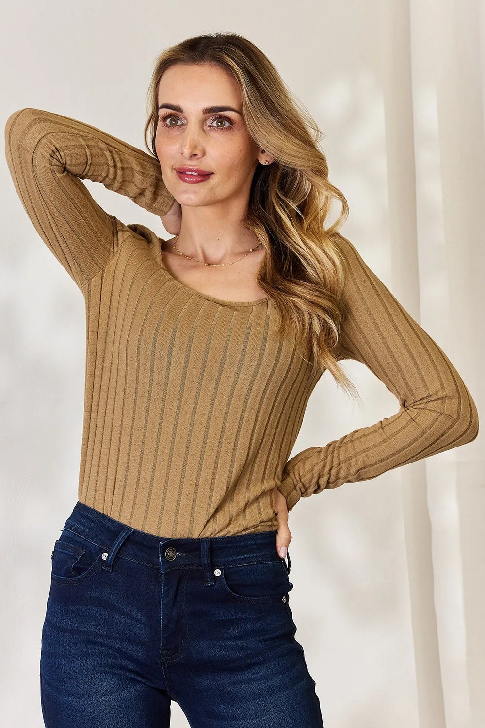 Basic Bae Full Size Ribbed Long Sleeve T-Shirt - Desert Sunday