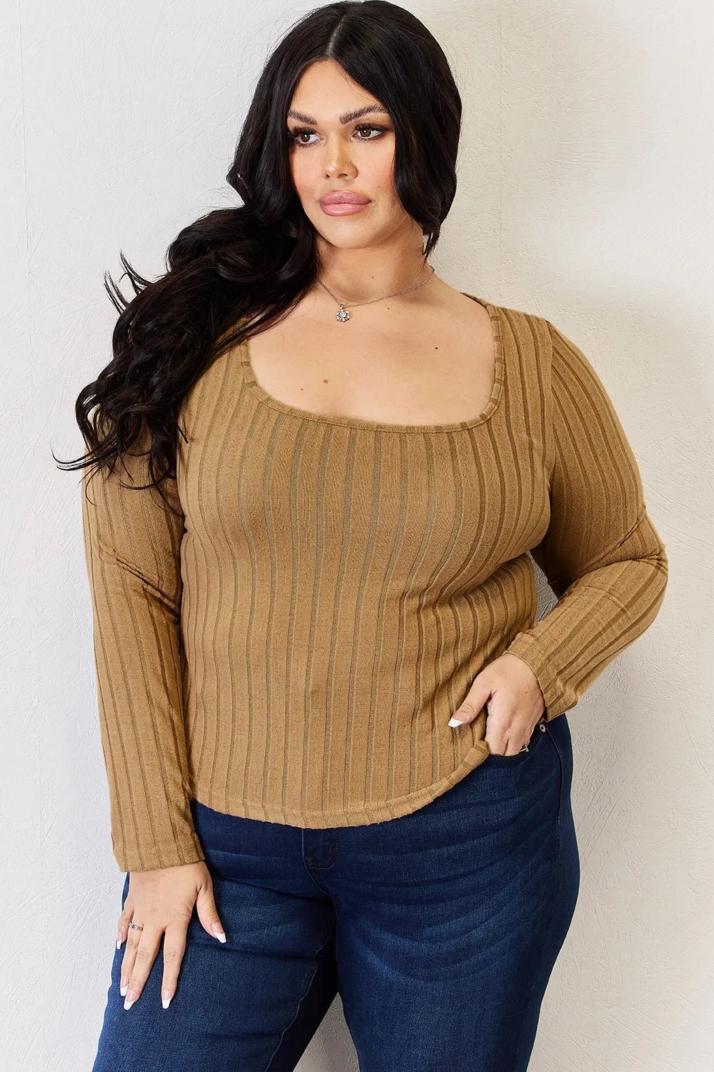 Basic Bae Full Size Ribbed Long Sleeve T-Shirt - Desert Sunday