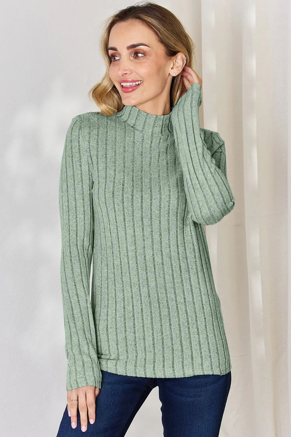 Basic Bae Full Size Ribbed Mock Neck Long Sleeve T-Shirt - Desert Sunday