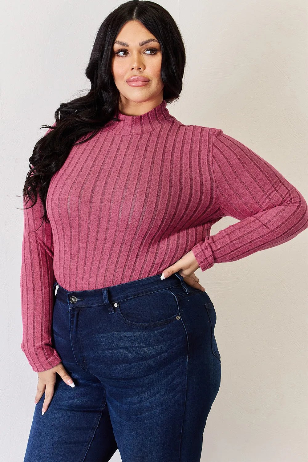 Basic Bae Full Size Ribbed Mock Neck Long Sleeve T-Shirt - Desert Sunday