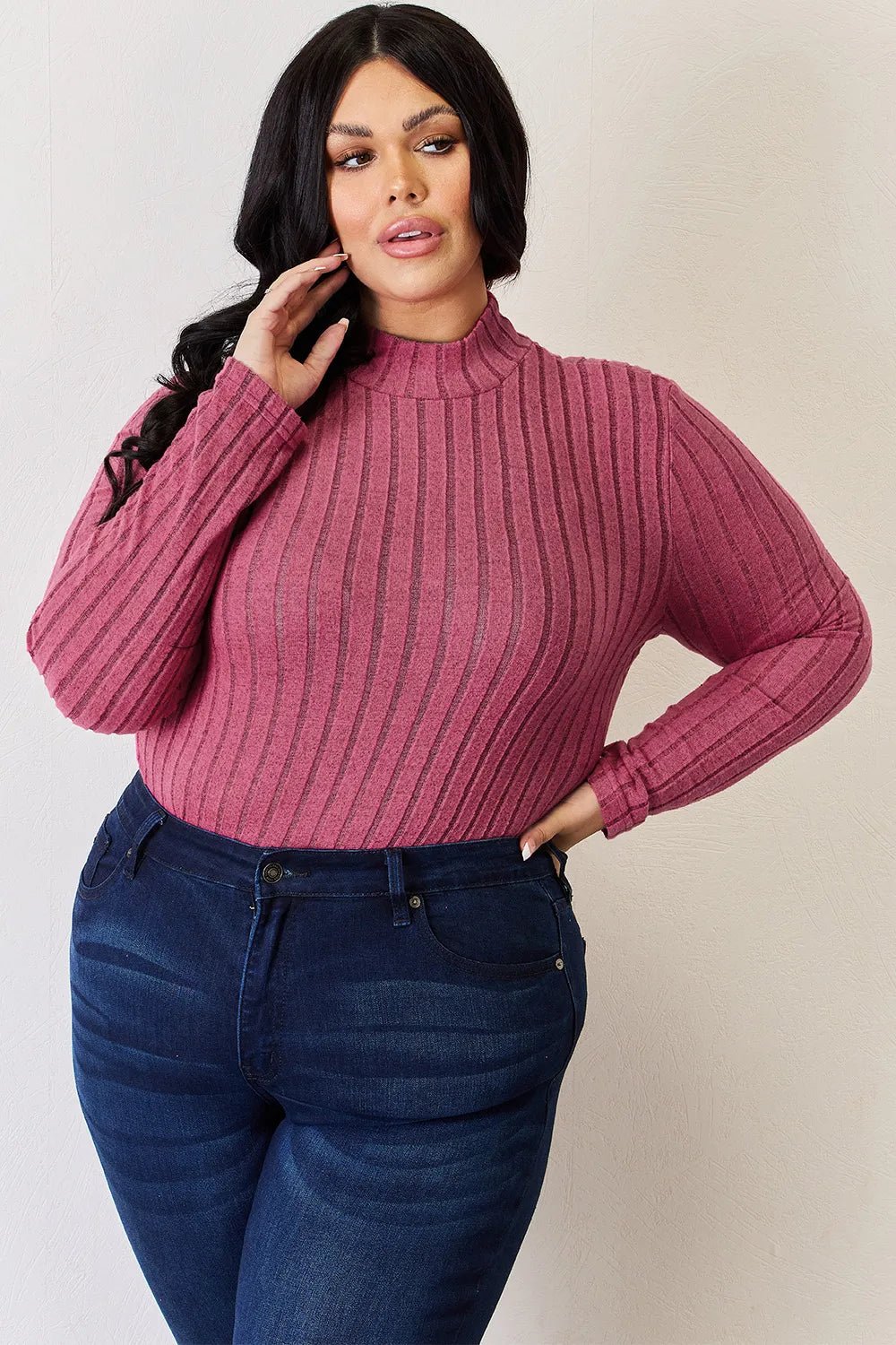 Basic Bae Full Size Ribbed Mock Neck Long Sleeve T-Shirt - Desert Sunday