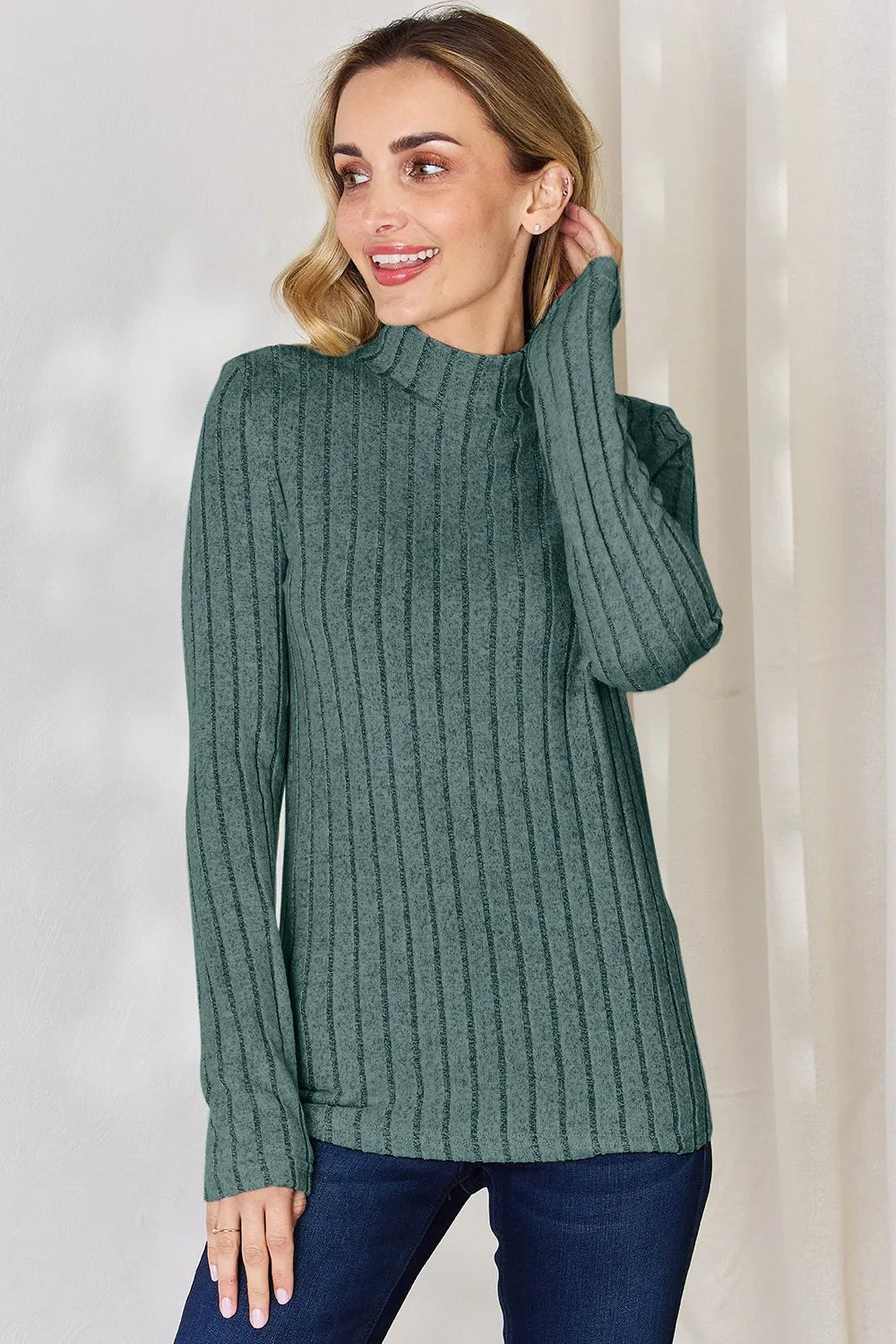 Basic Bae Full Size Ribbed Mock Neck Long Sleeve T-Shirt - Desert Sunday