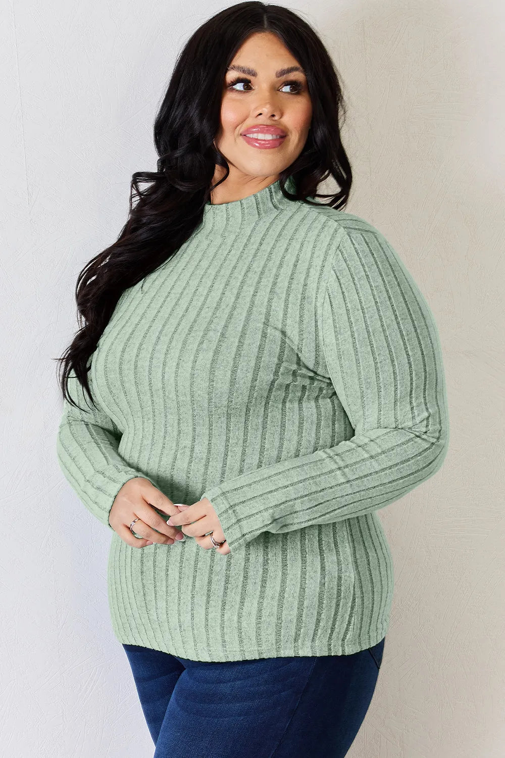 Basic Bae Full Size Ribbed Mock Neck Long Sleeve T-Shirt - Desert Sunday