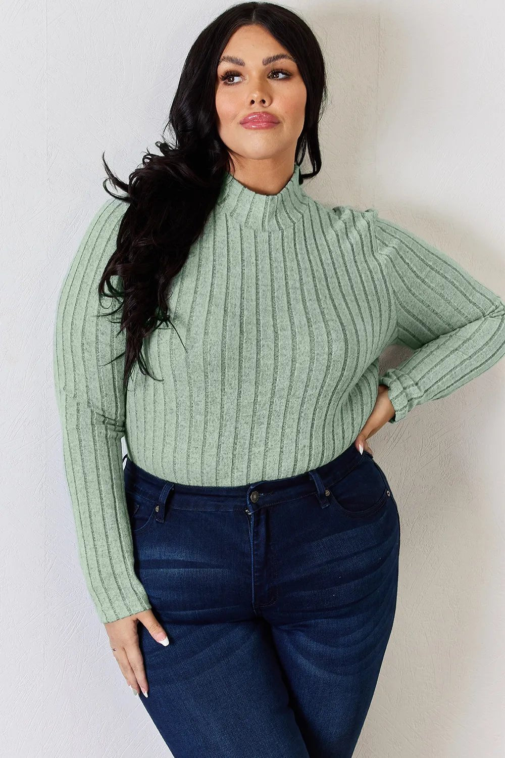 Basic Bae Full Size Ribbed Mock Neck Long Sleeve T-Shirt - Desert Sunday