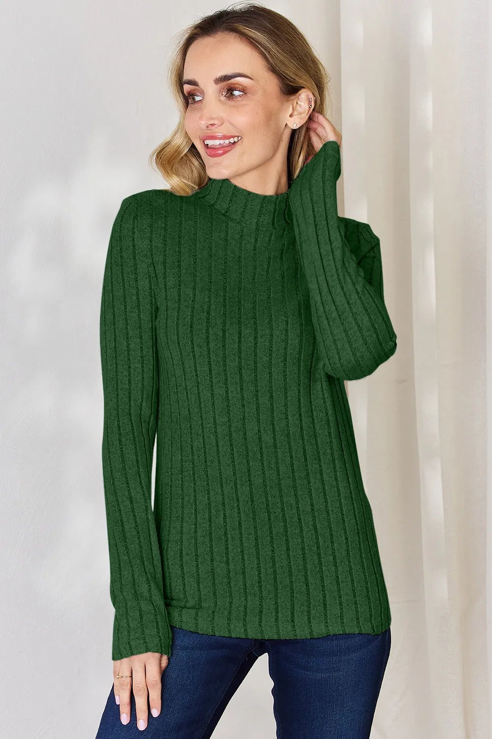 Basic Bae Full Size Ribbed Mock Neck Long Sleeve T-Shirt - Desert Sunday