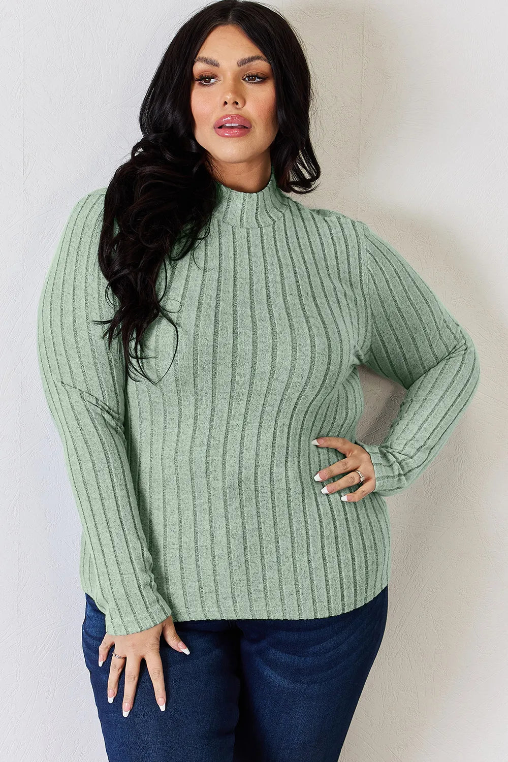 Basic Bae Full Size Ribbed Mock Neck Long Sleeve T-Shirt - Desert Sunday