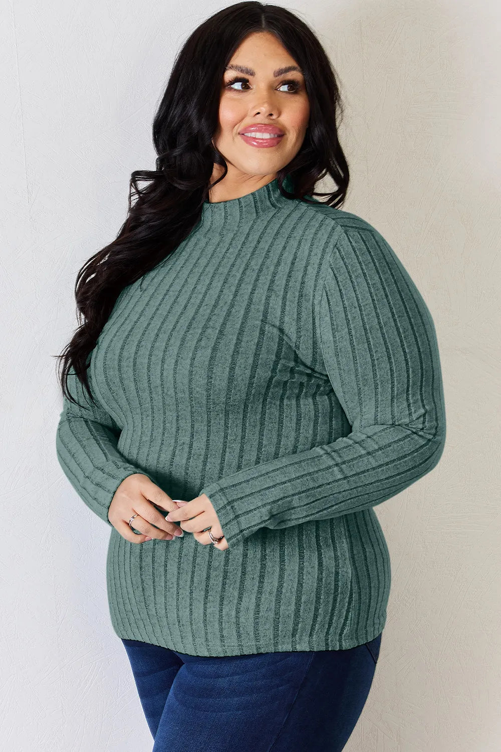 Basic Bae Full Size Ribbed Mock Neck Long Sleeve T-Shirt - Desert Sunday