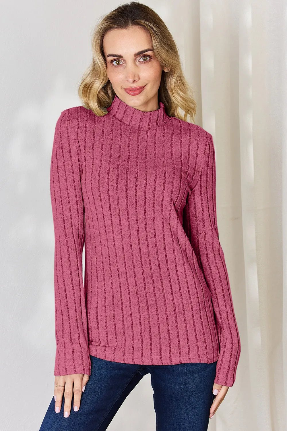 Basic Bae Full Size Ribbed Mock Neck Long Sleeve T-Shirt - Desert Sunday
