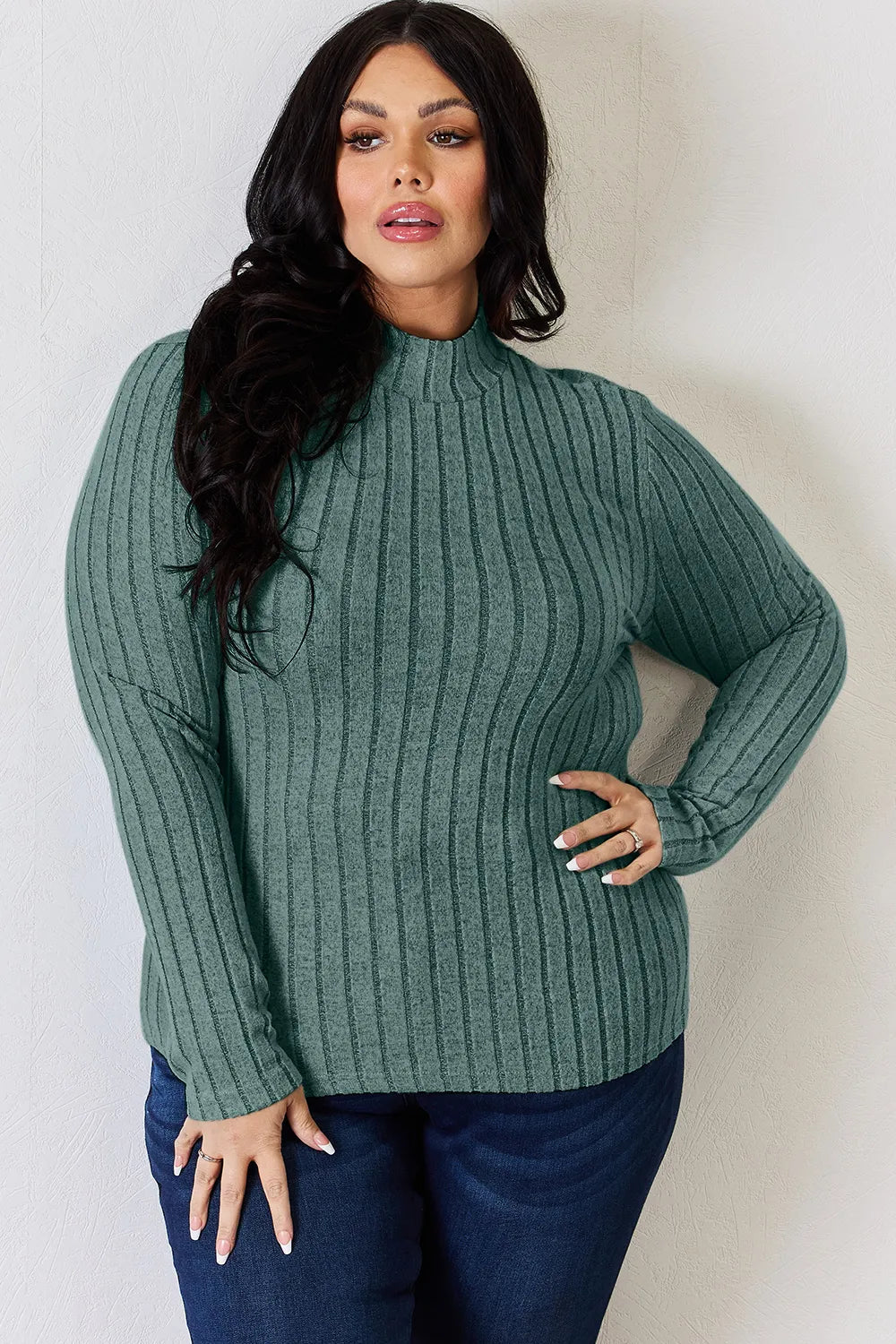 Basic Bae Full Size Ribbed Mock Neck Long Sleeve T-Shirt - Desert Sunday