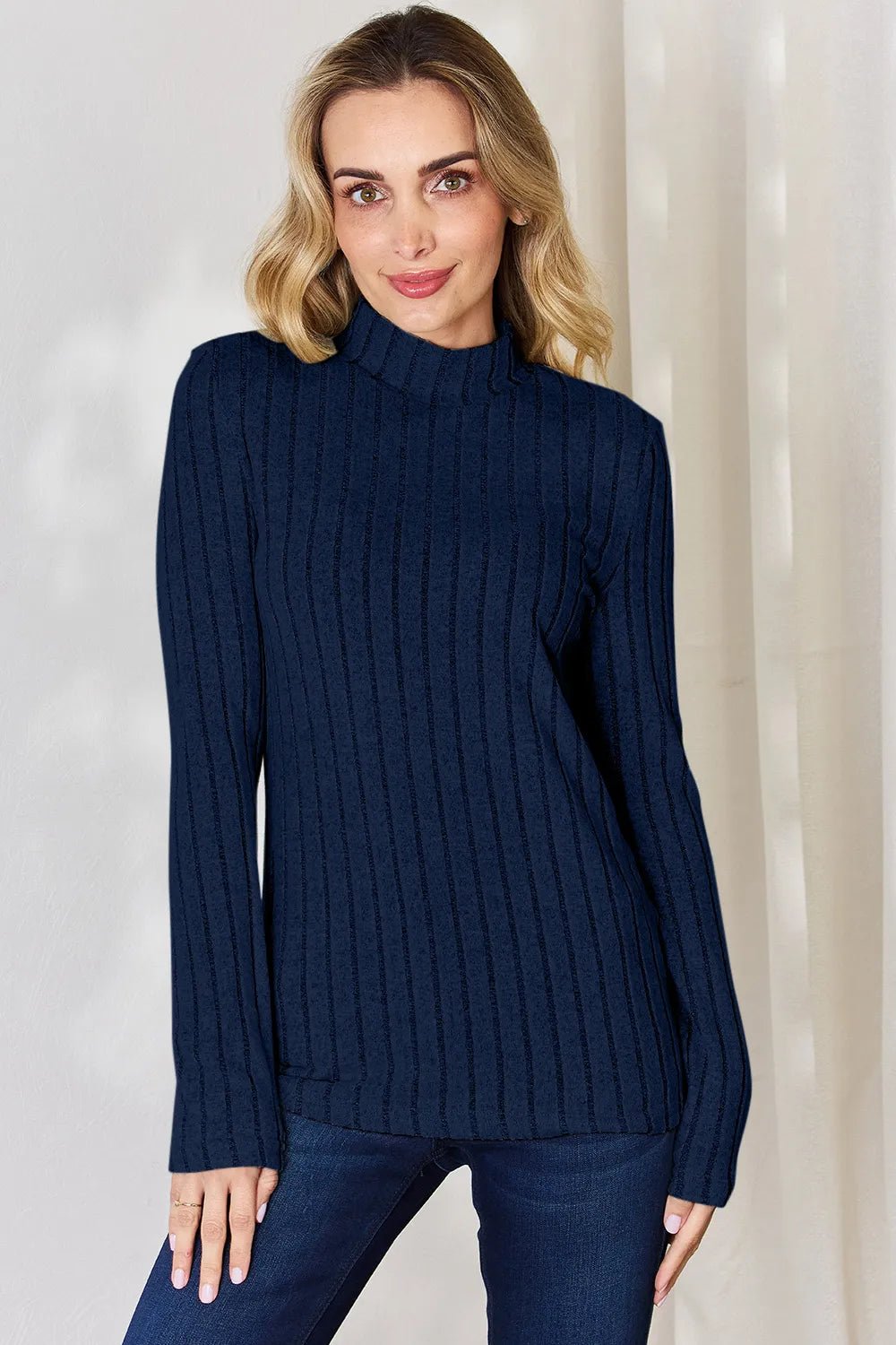 Basic Bae Full Size Ribbed Mock Neck Long Sleeve T-Shirt - Desert Sunday