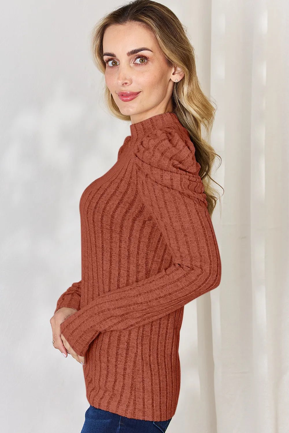 Basic Bae Full Size Ribbed Mock Neck Puff Sleeve T-Shirt - Desert Sunday