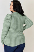 Basic Bae Full Size Ribbed Mock Neck Puff Sleeve T-Shirt - Desert Sunday