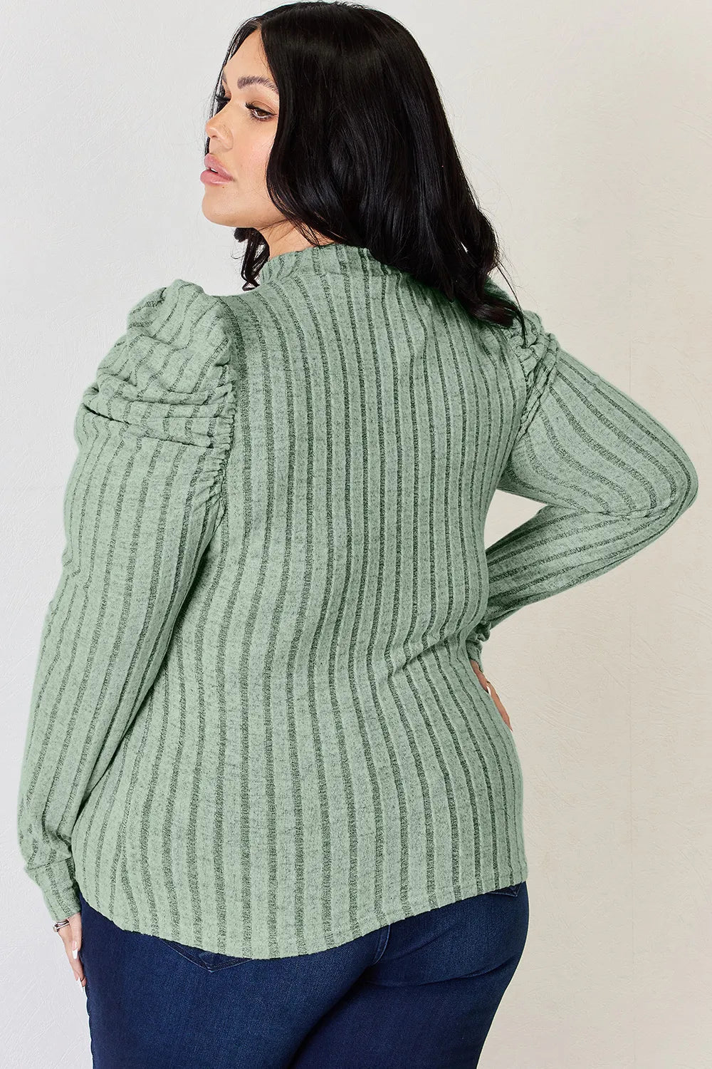 Basic Bae Full Size Ribbed Mock Neck Puff Sleeve T-Shirt - Desert Sunday