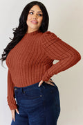 Basic Bae Full Size Ribbed Mock Neck Puff Sleeve T-Shirt - Desert Sunday