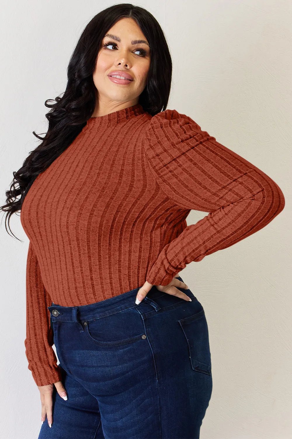 Basic Bae Full Size Ribbed Mock Neck Puff Sleeve T-Shirt - Desert Sunday