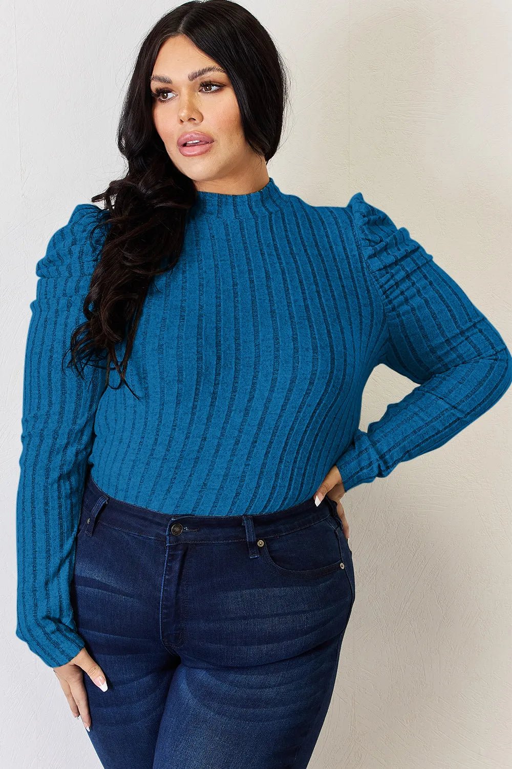 Basic Bae Full Size Ribbed Mock Neck Puff Sleeve T-Shirt - Desert Sunday