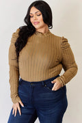 Basic Bae Full Size Ribbed Mock Neck Puff Sleeve T-Shirt - Desert Sunday