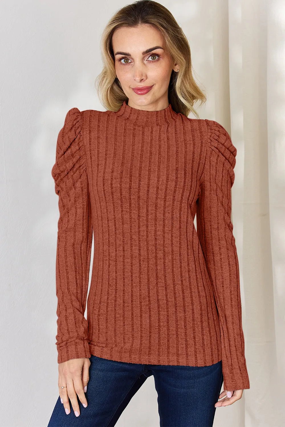 Basic Bae Full Size Ribbed Mock Neck Puff Sleeve T-Shirt - Desert Sunday