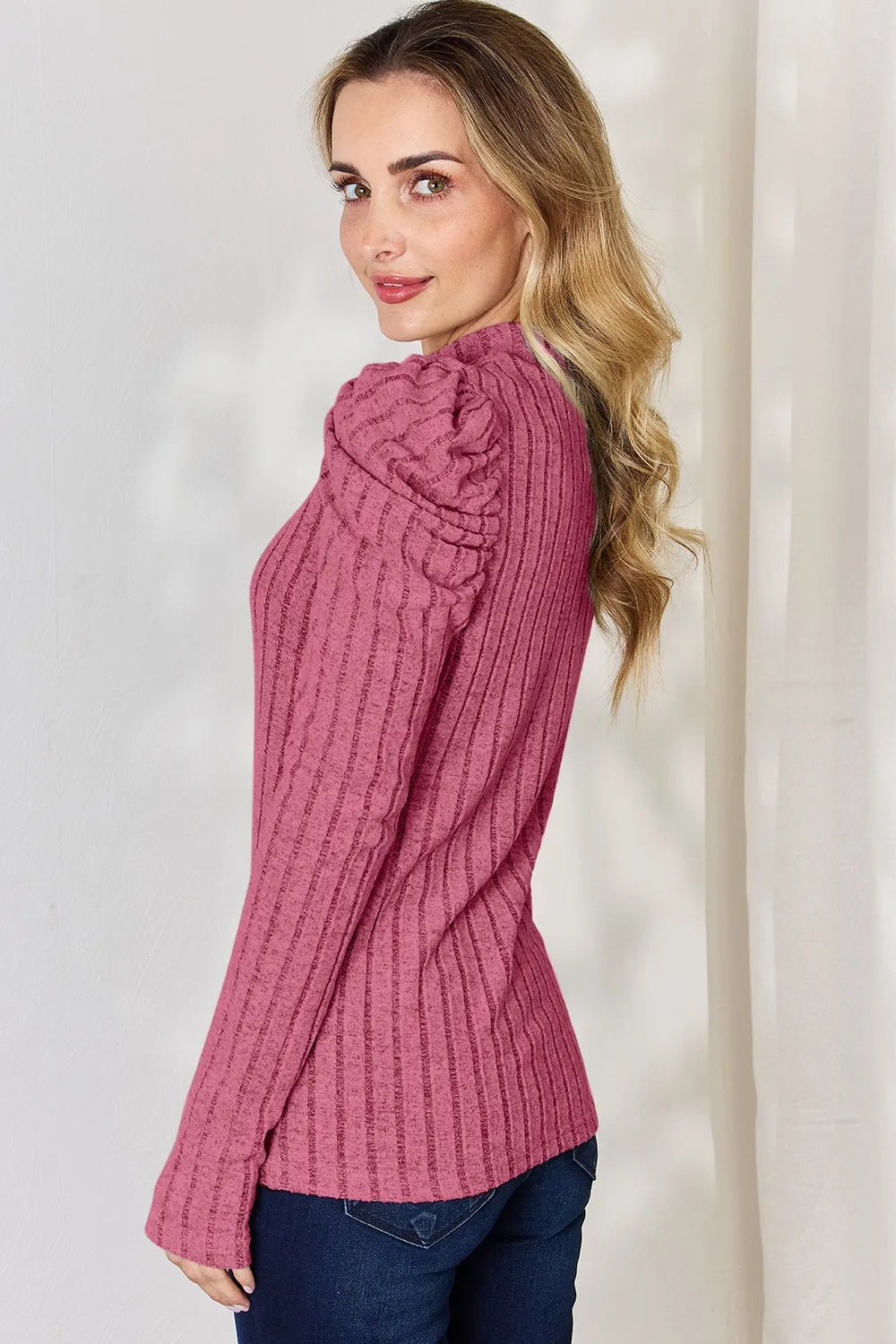 Basic Bae Full Size Ribbed Mock Neck Puff Sleeve T-Shirt - Desert Sunday