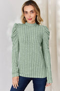 Basic Bae Full Size Ribbed Mock Neck Puff Sleeve T-Shirt - Desert Sunday
