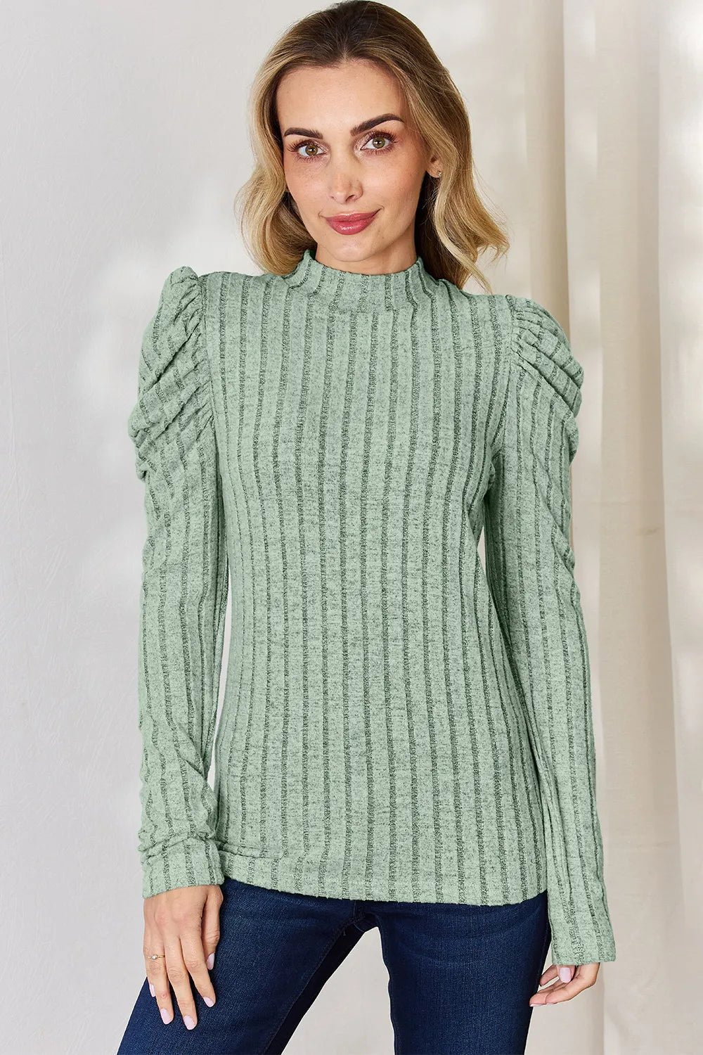 Basic Bae Full Size Ribbed Mock Neck Puff Sleeve T-Shirt - Desert Sunday