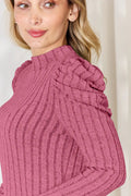 Basic Bae Full Size Ribbed Mock Neck Puff Sleeve T-Shirt - Desert Sunday