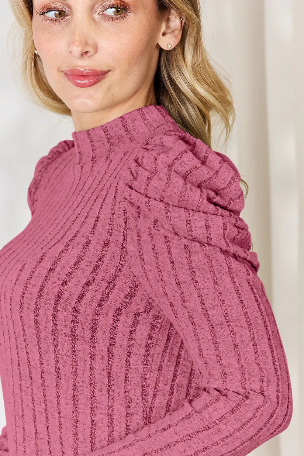 Basic Bae Full Size Ribbed Mock Neck Puff Sleeve T-Shirt - Desert Sunday