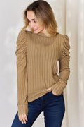Basic Bae Full Size Ribbed Mock Neck Puff Sleeve T-Shirt - Desert Sunday