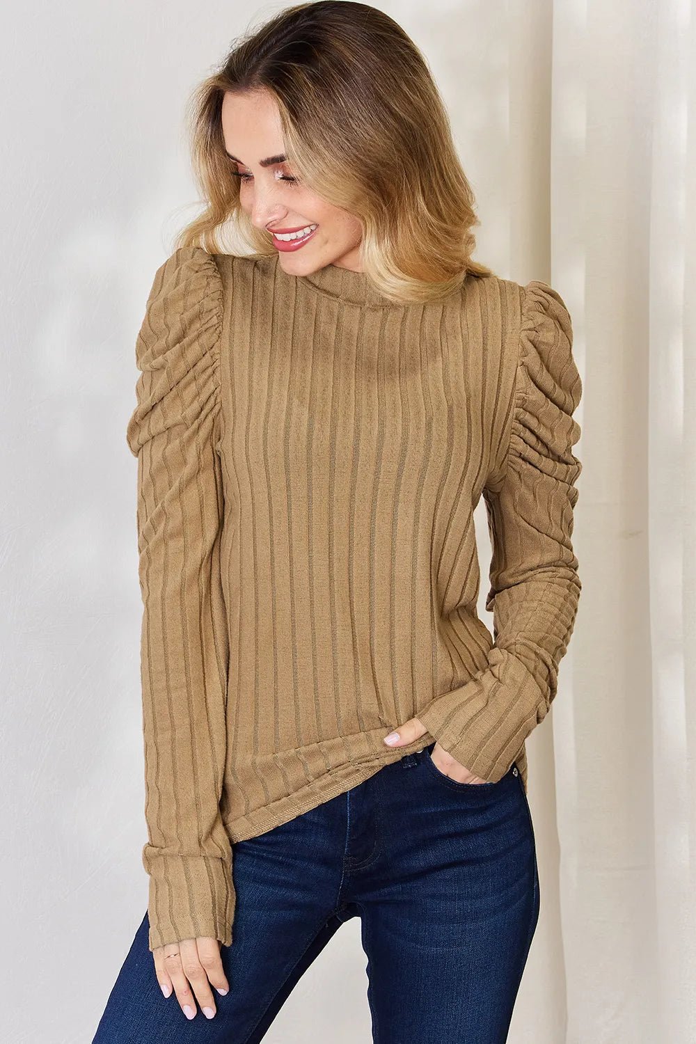 Basic Bae Full Size Ribbed Mock Neck Puff Sleeve T-Shirt - Desert Sunday
