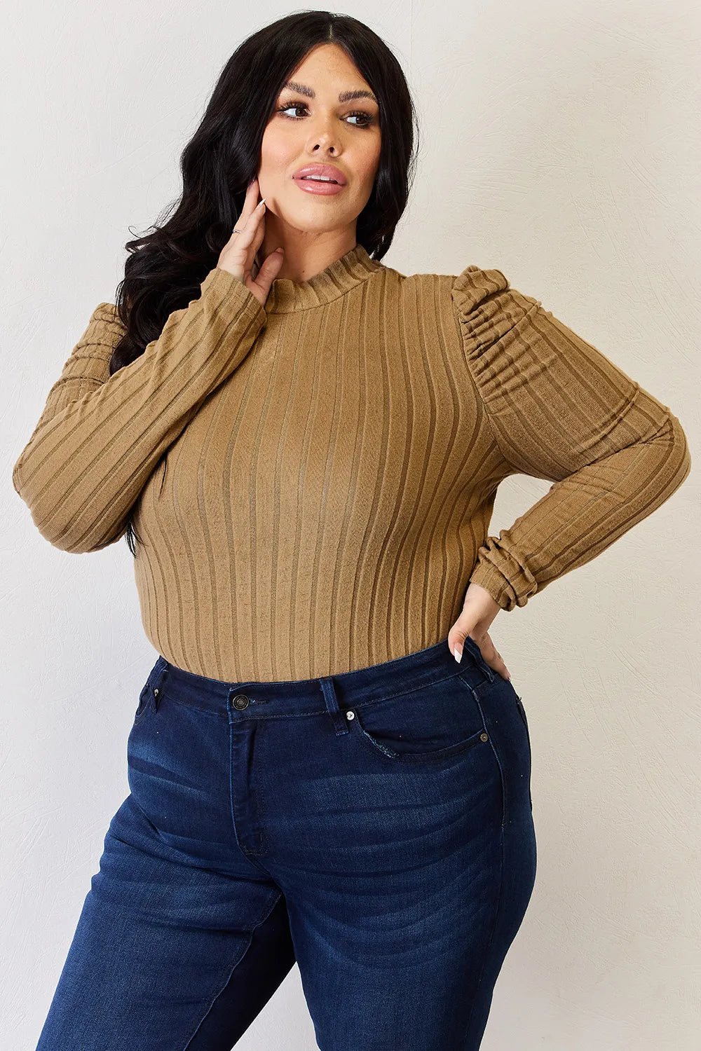 Basic Bae Full Size Ribbed Mock Neck Puff Sleeve T-Shirt - Desert Sunday