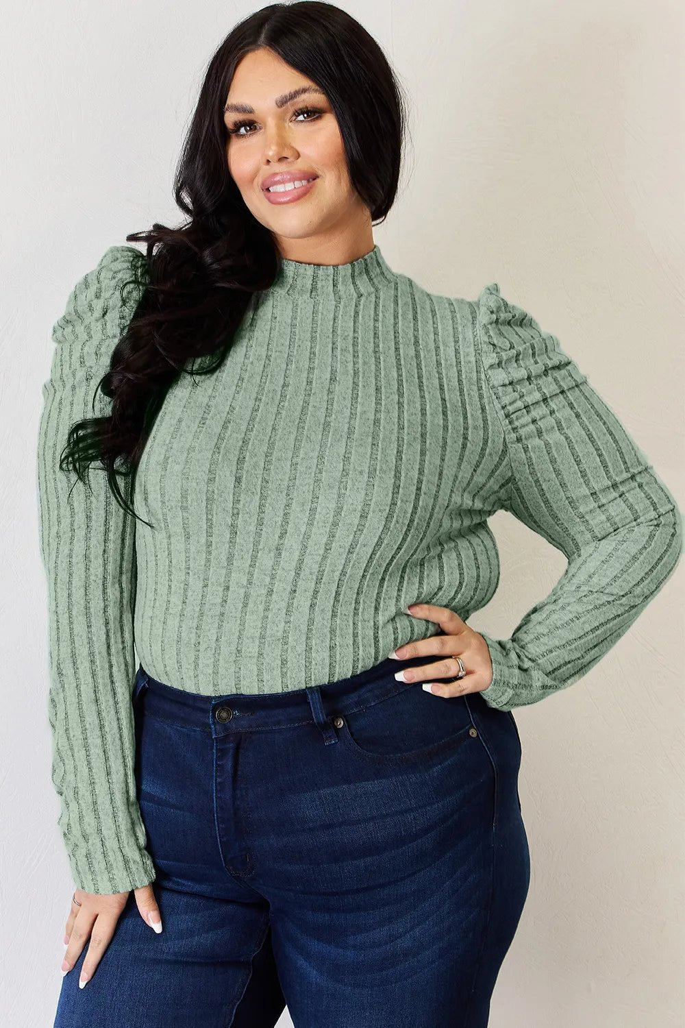 Basic Bae Full Size Ribbed Mock Neck Puff Sleeve T-Shirt - Desert Sunday