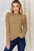 Basic Bae Full Size Ribbed Mock Neck Puff Sleeve T-Shirt - Desert Sunday