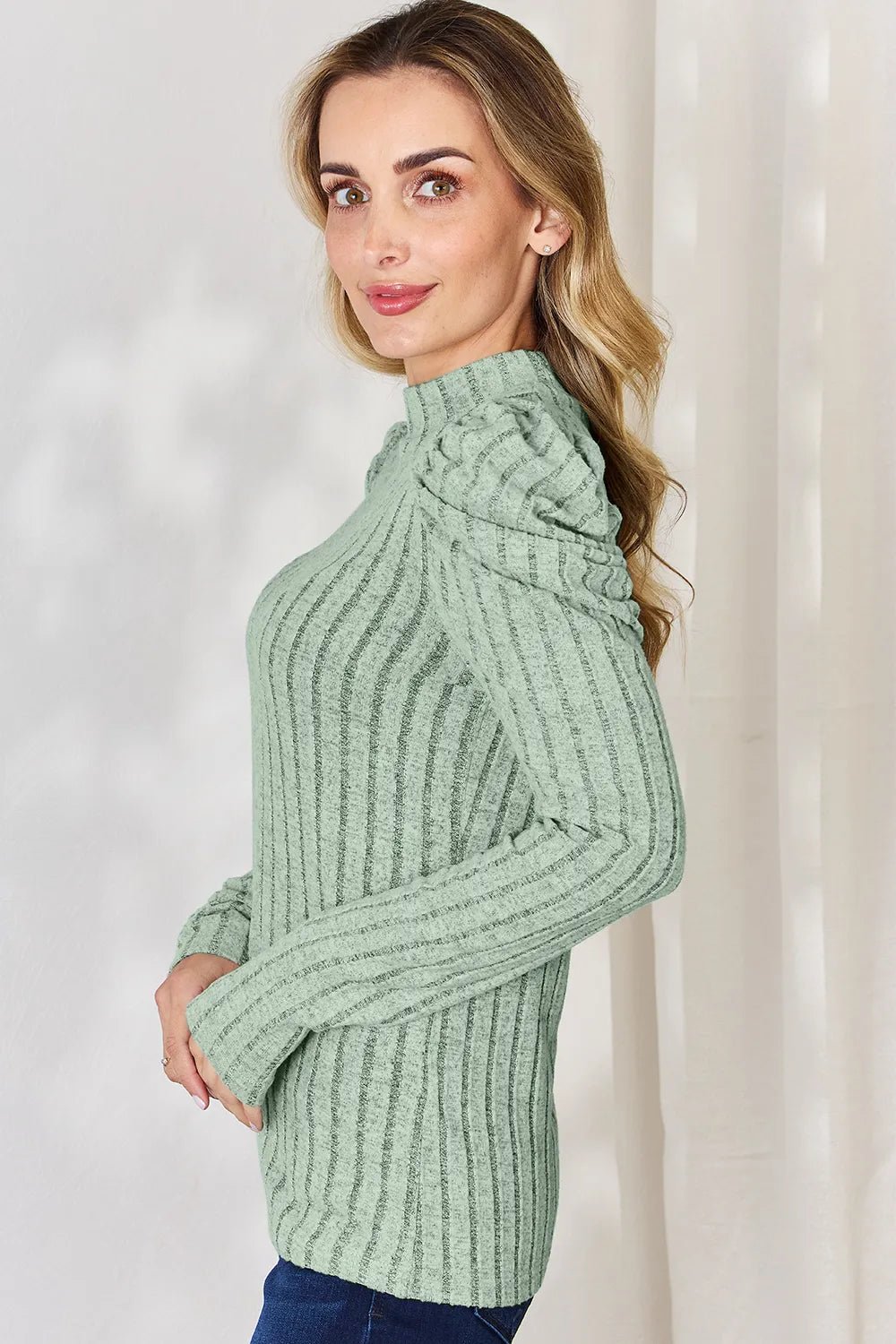 Basic Bae Full Size Ribbed Mock Neck Puff Sleeve T-Shirt - Desert Sunday