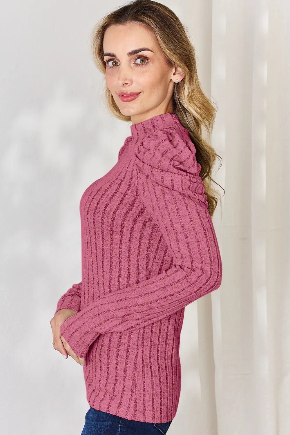 Basic Bae Full Size Ribbed Mock Neck Puff Sleeve T-Shirt - Desert Sunday