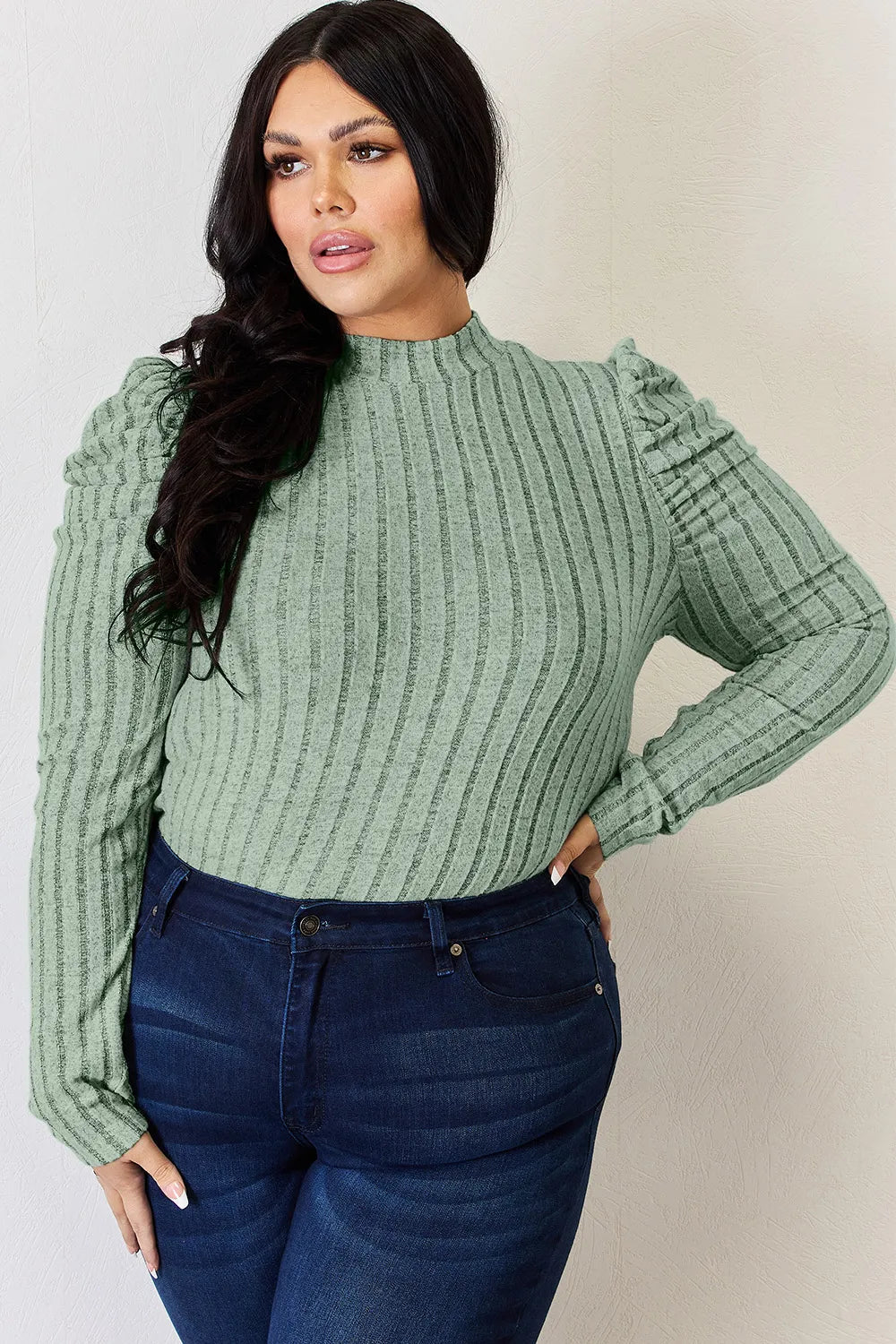 Basic Bae Full Size Ribbed Mock Neck Puff Sleeve T-Shirt - Desert Sunday