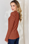 Basic Bae Full Size Ribbed Mock Neck Puff Sleeve T-Shirt - Desert Sunday
