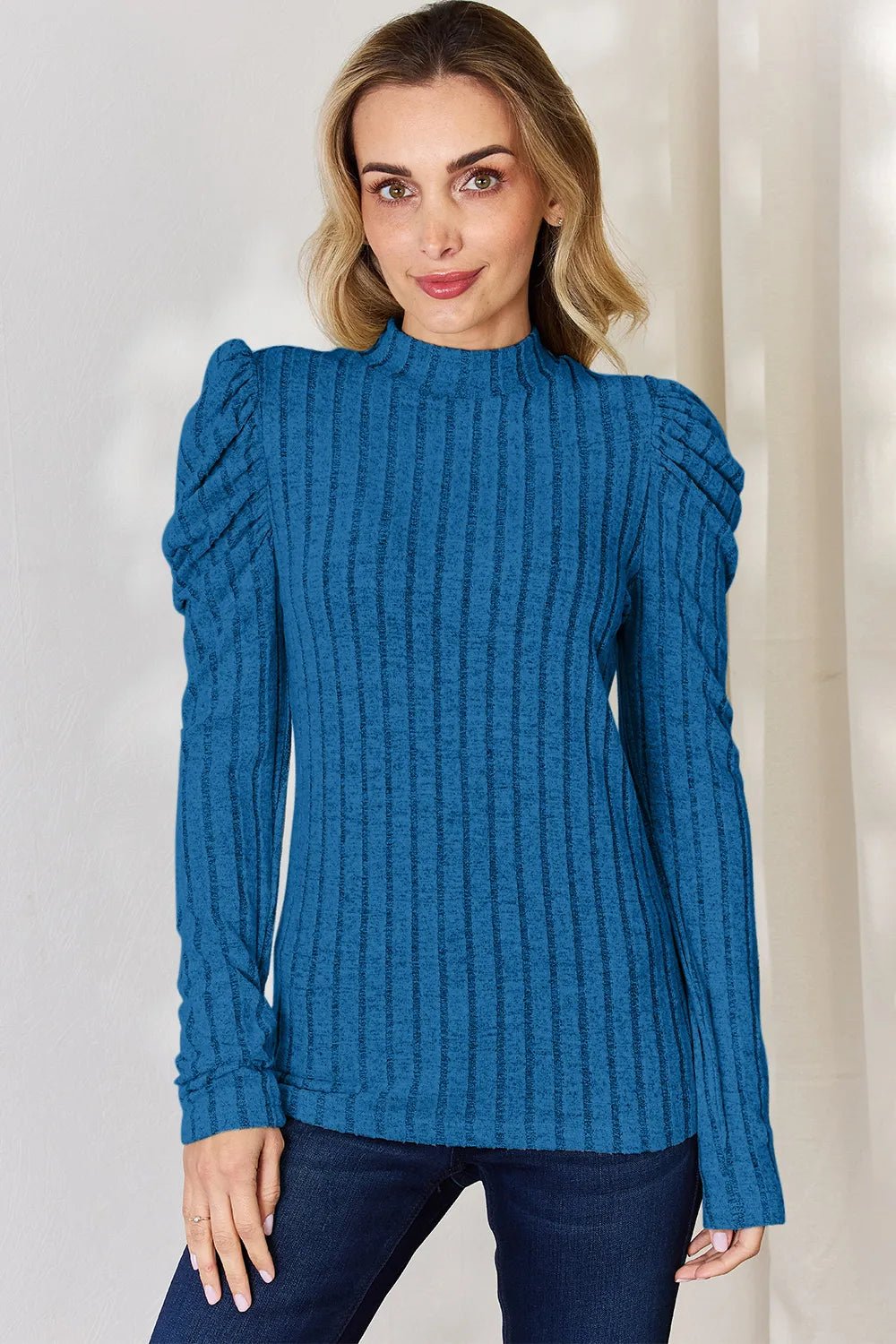 Basic Bae Full Size Ribbed Mock Neck Puff Sleeve T-Shirt - Desert Sunday