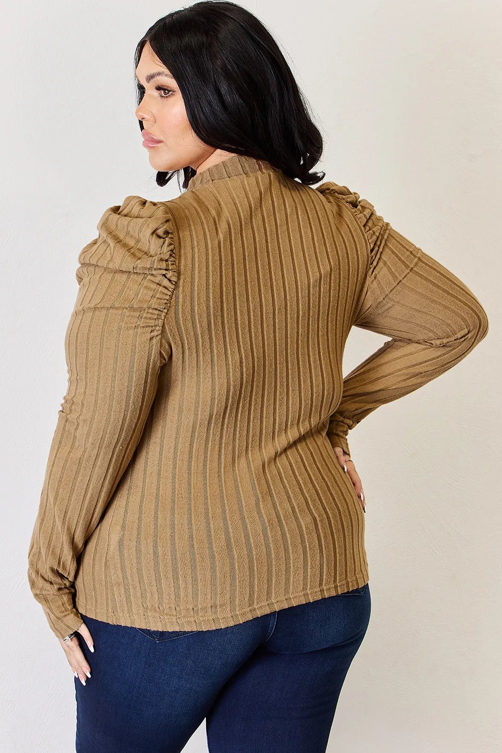 Basic Bae Full Size Ribbed Mock Neck Puff Sleeve T-Shirt - Desert Sunday