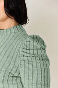 Basic Bae Full Size Ribbed Mock Neck Puff Sleeve T-Shirt - Desert Sunday