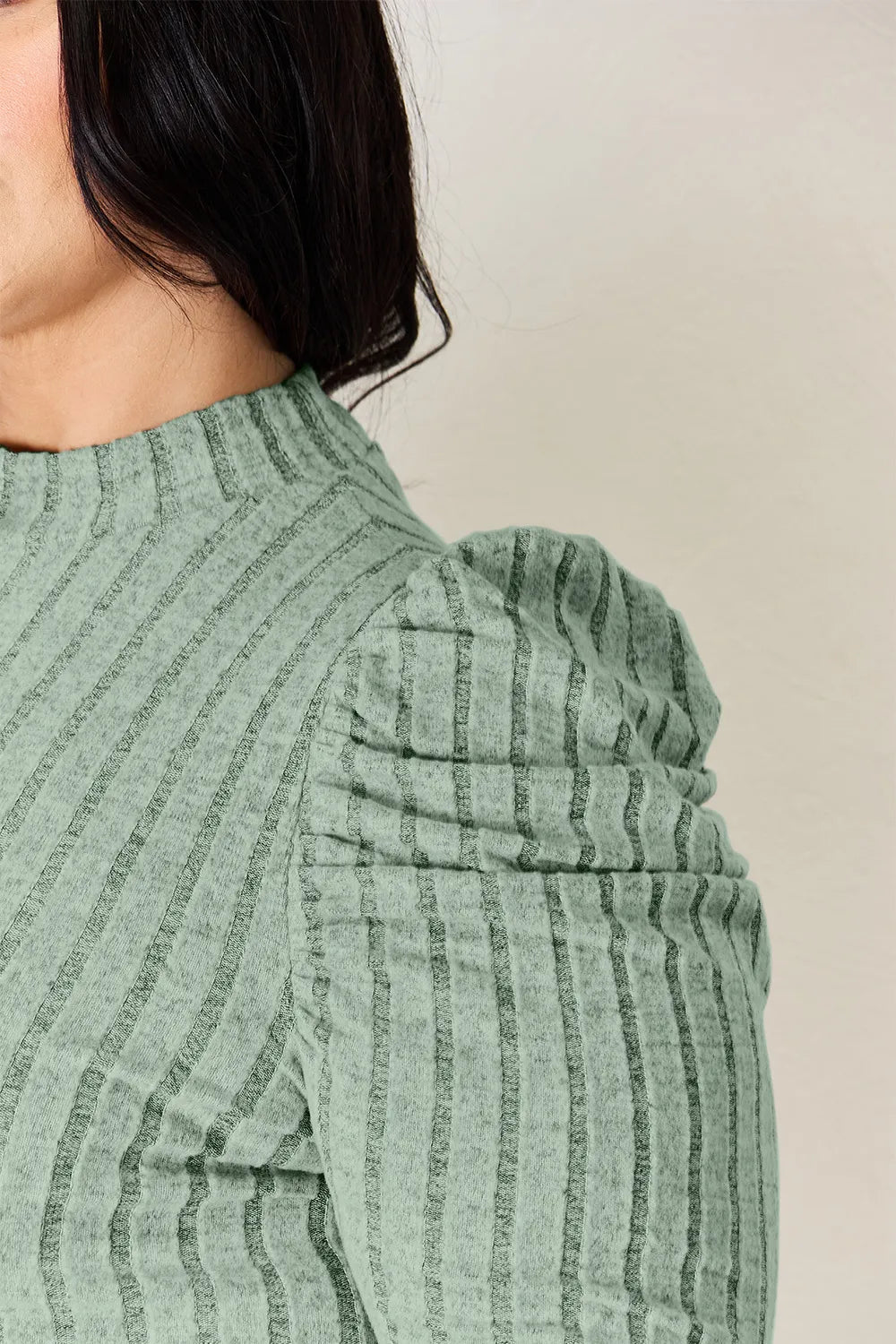 Basic Bae Full Size Ribbed Mock Neck Puff Sleeve T-Shirt - Desert Sunday