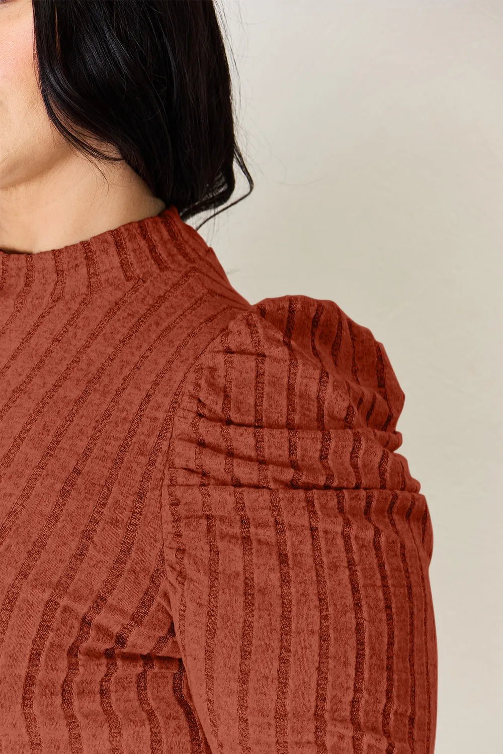 Basic Bae Full Size Ribbed Mock Neck Puff Sleeve T-Shirt - Desert Sunday