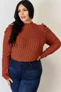 Basic Bae Full Size Ribbed Mock Neck Puff Sleeve T-Shirt - Desert Sunday