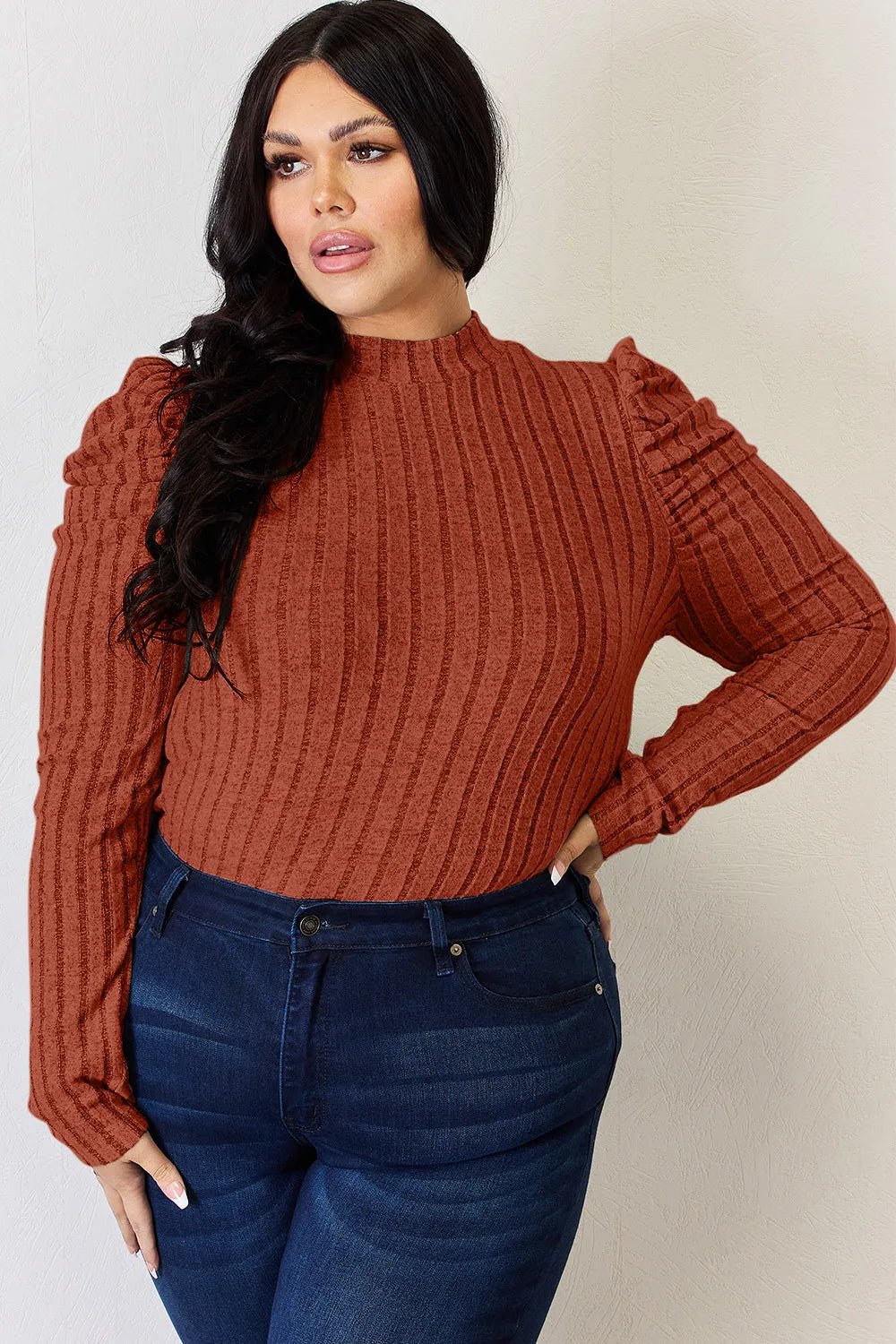 Basic Bae Full Size Ribbed Mock Neck Puff Sleeve T-Shirt - Desert Sunday