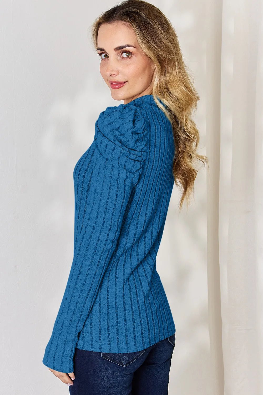 Basic Bae Full Size Ribbed Mock Neck Puff Sleeve T-Shirt - Desert Sunday