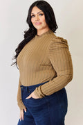 Basic Bae Full Size Ribbed Mock Neck Puff Sleeve T-Shirt - Desert Sunday