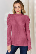 Basic Bae Full Size Ribbed Mock Neck Puff Sleeve T-Shirt - Desert Sunday