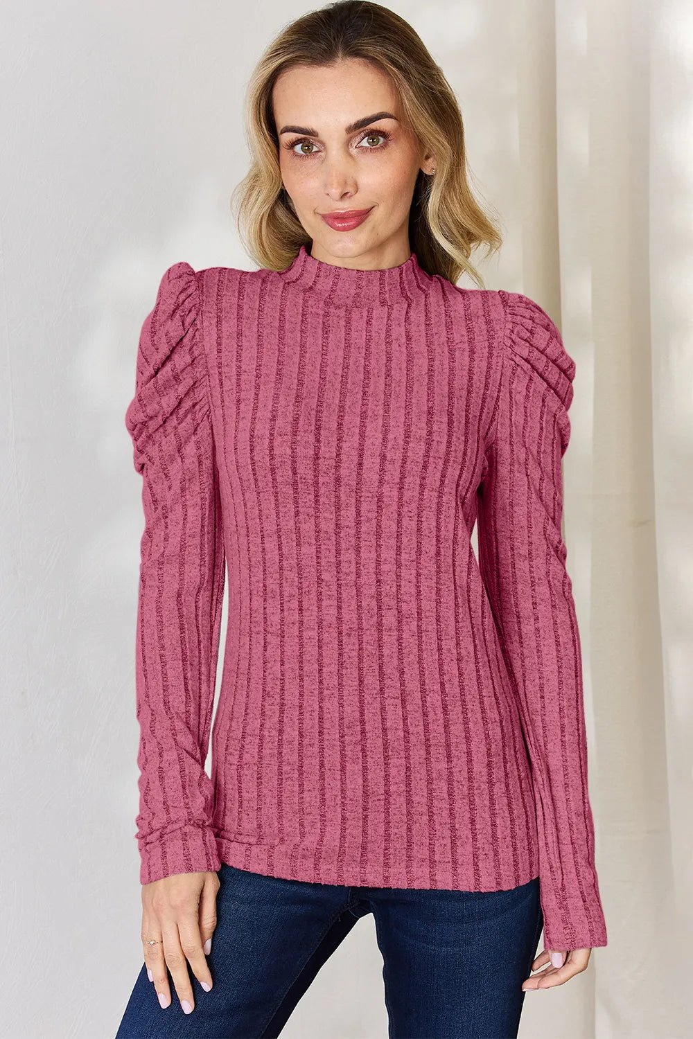 Basic Bae Full Size Ribbed Mock Neck Puff Sleeve T-Shirt - Desert Sunday
