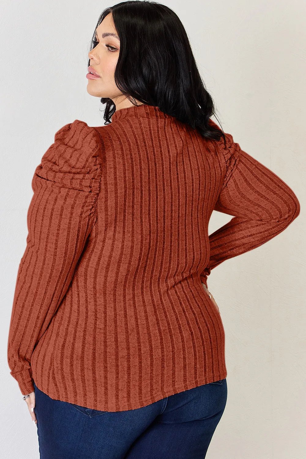 Basic Bae Full Size Ribbed Mock Neck Puff Sleeve T-Shirt - Desert Sunday